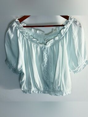 NWT Kiwi & Punch Off Shoulder Light Blue L Puff Sleeve Boho Peasant Top
